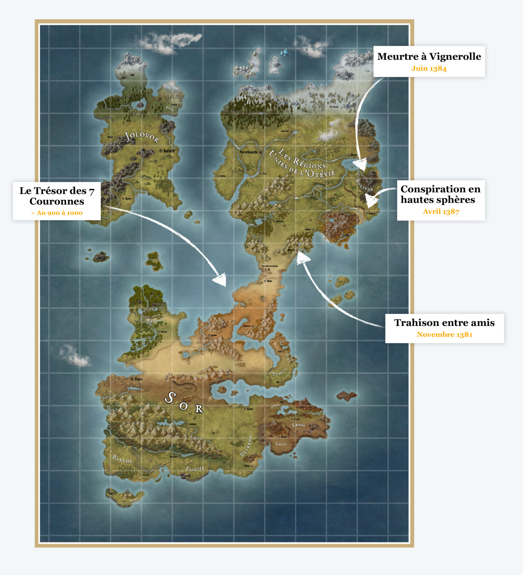 Carte du Monde d'Astoria avec l'endroit des différentes murder party indiquées