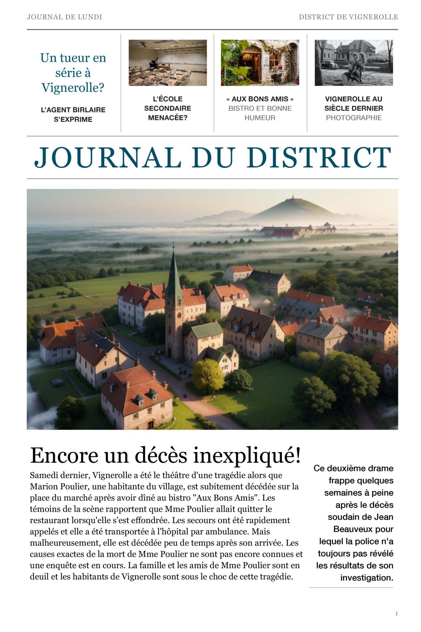Image représentant le Journal de Vignerolle. Vignerolle est un petit village fictif hôte de la murder party ludique et divertissante du même nom.