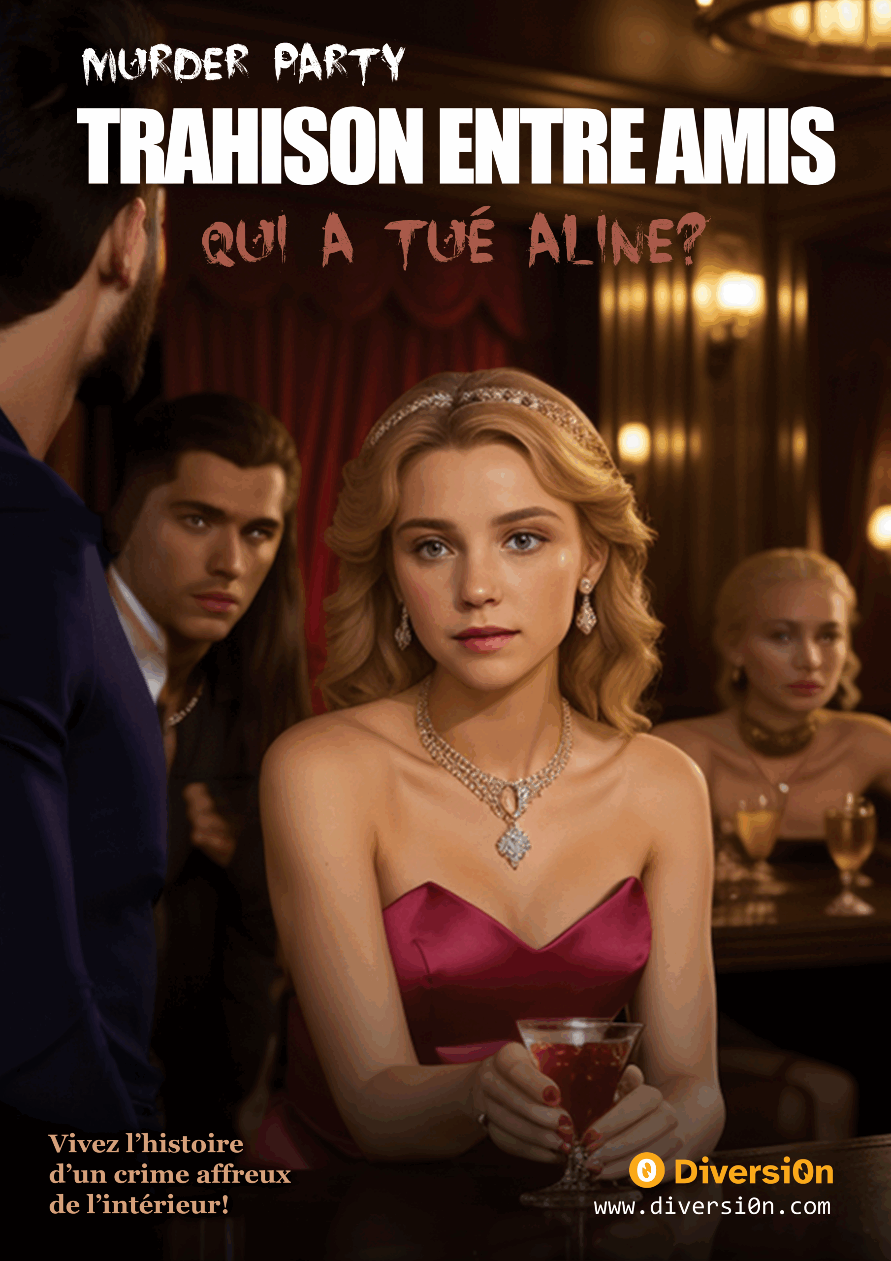 L'image représente une riche héritière au bar, les protagonistes autour lui jettent des regards suspects.