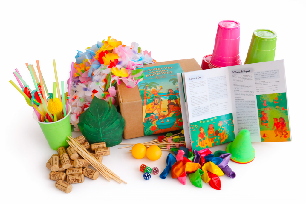 Image d'une party boxe sur le thème des iles, avec tout le matériel nécessaire pour organiser ton activités jeux pour ta fête d'anniversaire ou ton événement