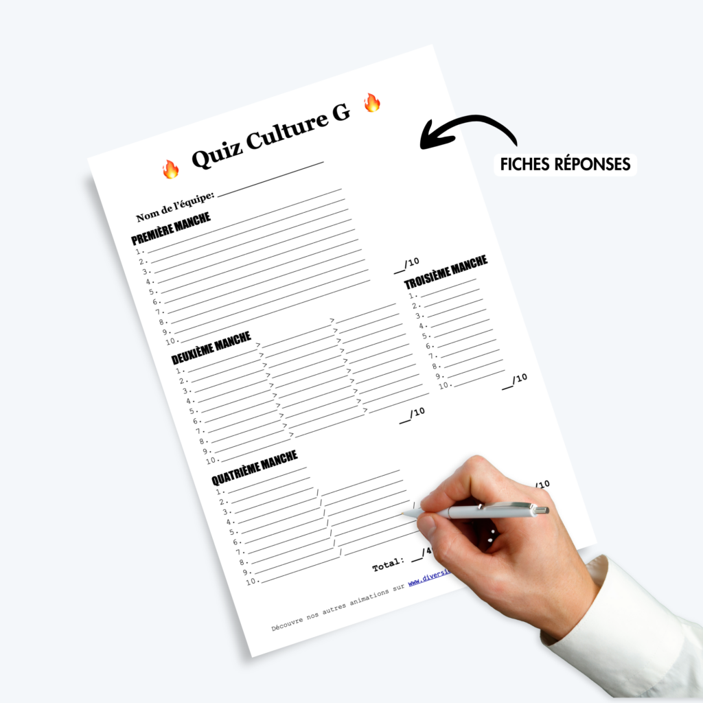 Fiche de réponses vierge à imprimer pour les participants du quiz de culture générale.