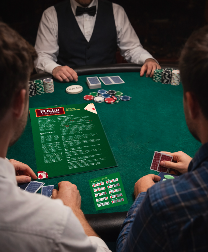 image représentant un joueur de poker texas holdem autour d'une table de joueurs à une soirée casino, brelan, suite, couleur et quinte.