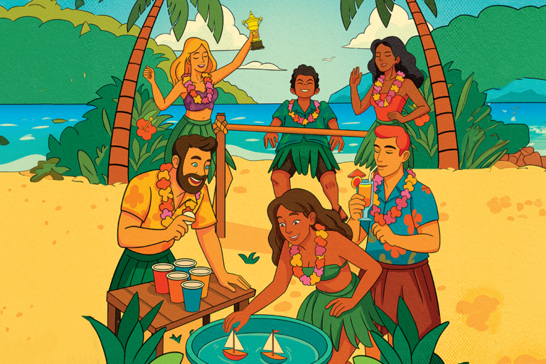 Aventuriers en colliers de fleurs participant aux Épreuves du Grand Archipel, un jeu de type Koh-Lanta à domicile avec défis d'agilité, de réflexion et construction de mini-radeaux.