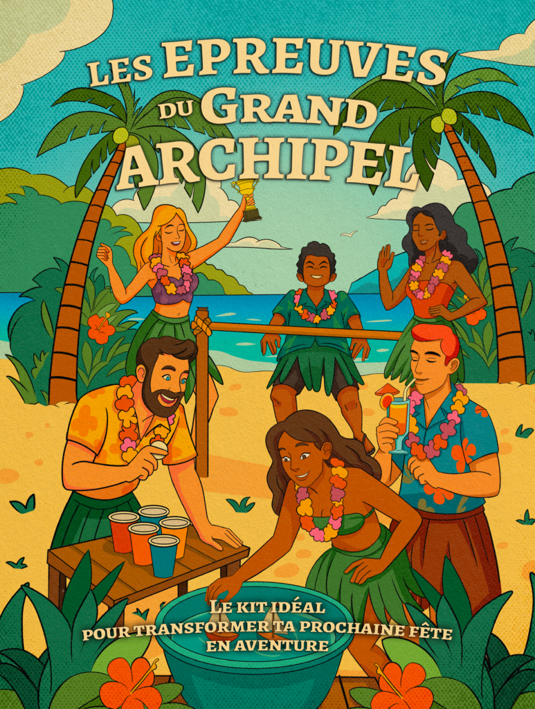 llustration des épreuves du Grand Archipel : jeu type Koh-Lanta avec épreuves de limbo, mini-radeaux et beer pong.