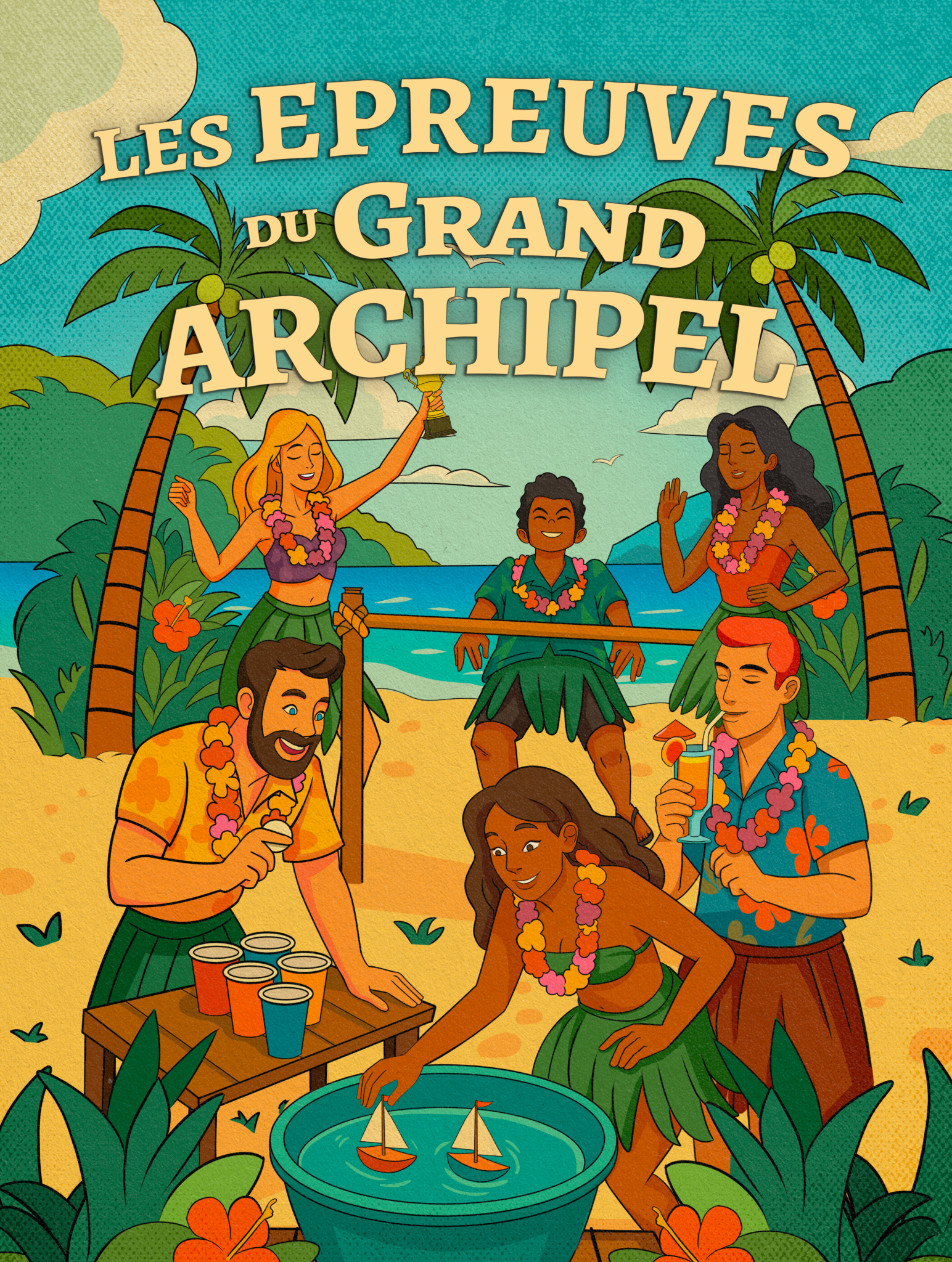Participants jouant aux Épreuves du Grand Archipel, une animation d'olympiades inspirée de Koh-Lanta pour sortie d'entreprise, team building, anniversaire, EVG et EVJF en Suisse romande.
